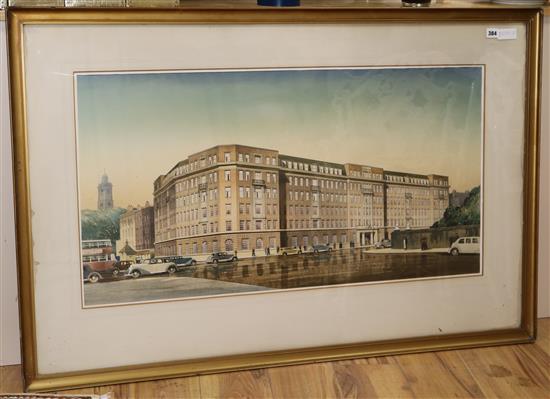 English School c.1930, ink and watercolour, Architectural View of Grosvenor Mansion Block, 51 x 98cm
